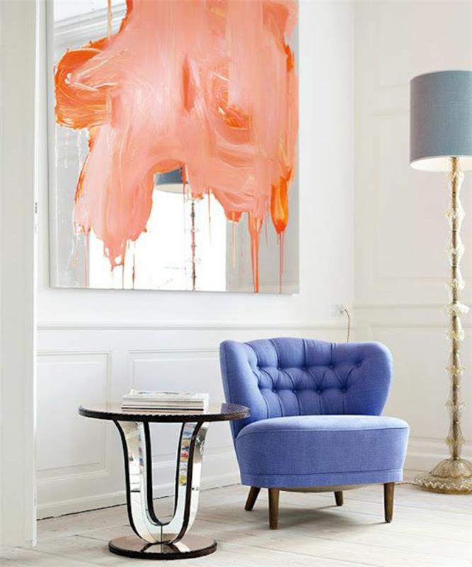 koralno roza barva, abstraktno slikarstvo, siv senčnik, okrogla miza