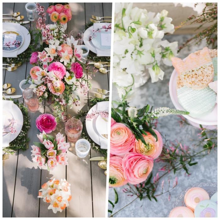gimtadienio stalo dekoravimas, stalo bėgikas vazose su gėlėmis, išdėliotos lėkštės, šalies vakarėlio puošmena