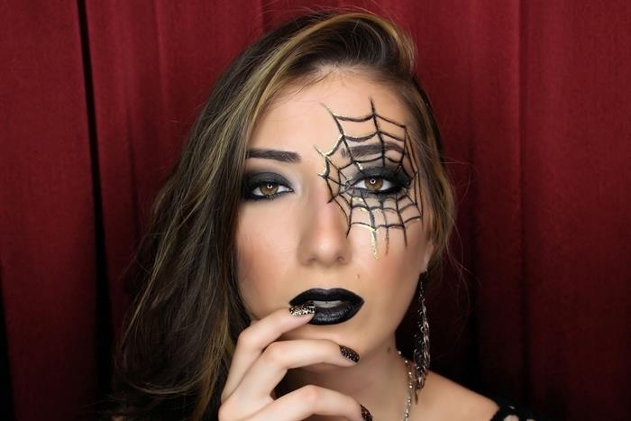 črna šminka ideja kostum ženska zabava ličila noč čarovnic preprosta risba pajkova mreža črna pajkica ličila