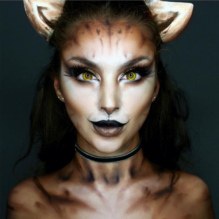 veido kontūravimo technika, skirta padaryti Helovino makiažą kaip katę, Helovino makiažo idėja moteriai kaip katei