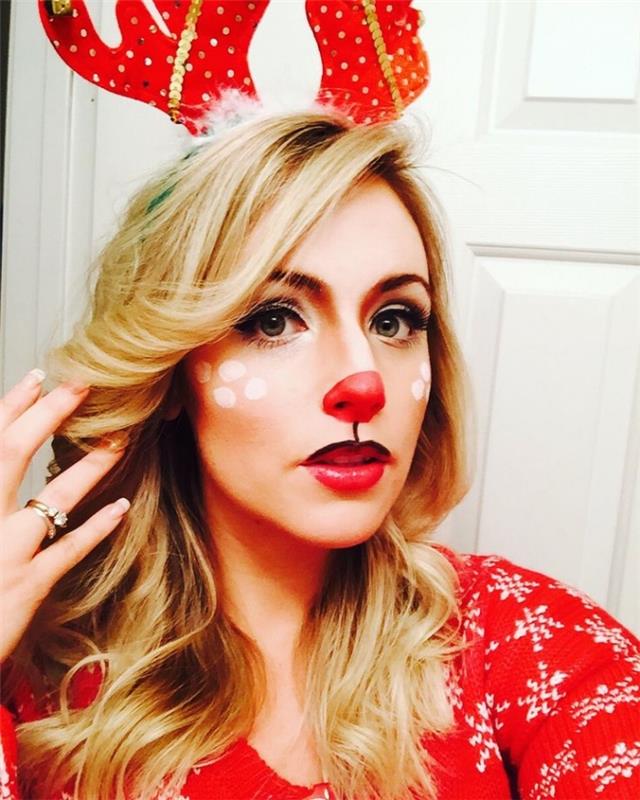 kako nanesti ličila za oči, preobleko jelenovega obraza za božično zabavo z rdečim nosom in belimi lici
