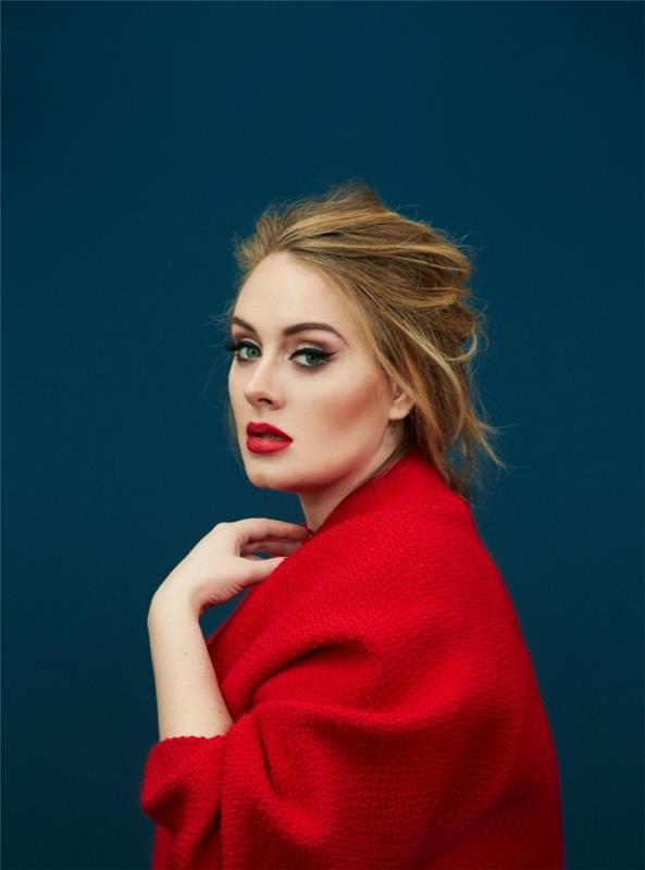 ličila z rdečo šminko, pričeska in slavna ličila Adele z rdečimi ustnicami