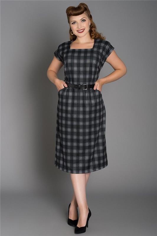 Kvadratno ozko krilo, tipična pričeska 50-ih, slog 50-ih, vintage obleka iz 50-ih, lepa staromodna oblačila