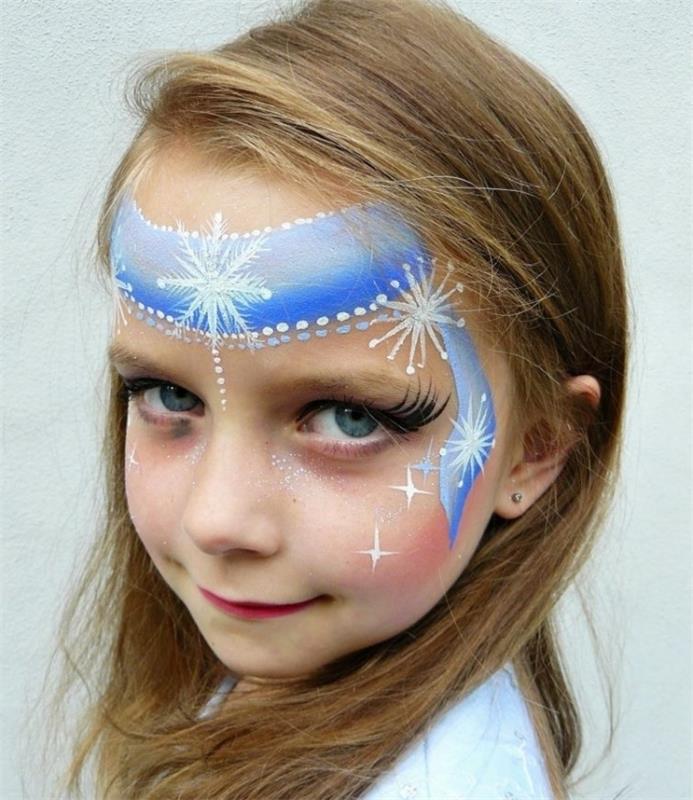 zamisel, kako sestaviti dekle, kot je Frozen, otroško ličenje za noč čarovnic v slogu Elsa z barvo za obraz