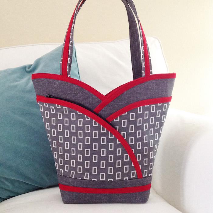 Kolay kendin yap korse şeklinde çanta, kendin yapabileceğin kumaş çanta modeli, gri ve kırmızı kumaşlar, gerekli malzemeler