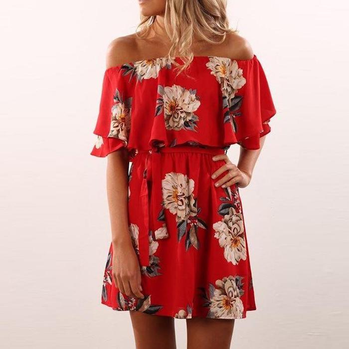Bohemiška prašmatni tekanti tiesi suknelė lengva suknelė vasaros suknelė vasarai bohemiško stiliaus moterims suknelė nuo peties raudona gėlių suknelė