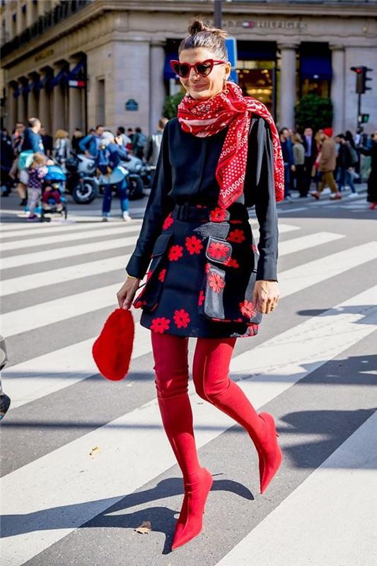 Uyluk yüksek çizmeler giymek moda ipuçları ve trendler, kırmızı uyluk çizmeler ve kırmızı çiçek etek ile kıyafet, kırmızı kalp şeklinde güneş gözlüğü