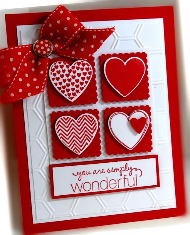 rankinė veikla Valentino dienai, lengva „pasidaryk pats“ kortelės idėja vasario 14 d., naminis raudonos ir baltos kortelės šablonas