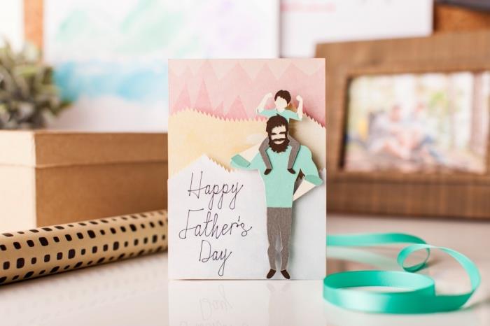 Predloga kartice DIY s 3D kartonskimi figurami z dizajnom očeta in sina, kakšno darilo za očetovski dan