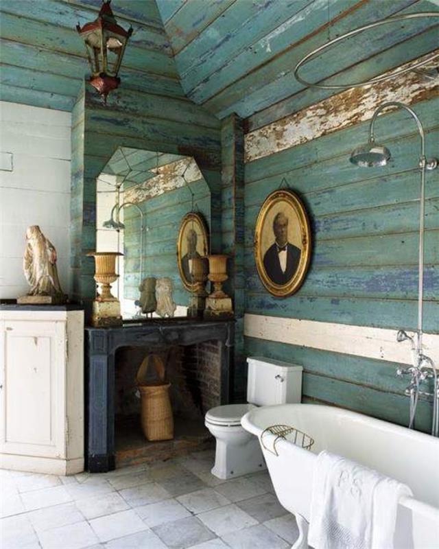 Yeşil ve beyaz klasik banyo, yeşil-mavi boyalı kabin görünümlü ahşap duvarlar, banyo tasarımı fikri, banyo ilhamı