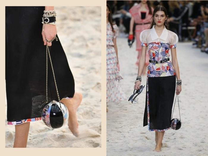dubeninis krepšys, panašus į rutulį, juodas sijonas, originali rankinė vasarai