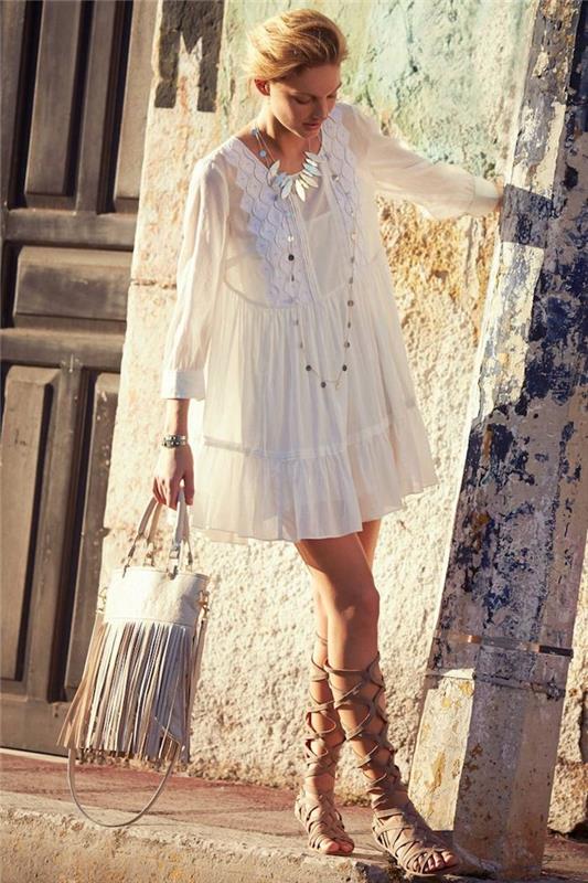 Graži balta bohemiška suknelė šalies prašmatni suknelė balta bohemiška suknelė bohemiška prašmatni apranga vasaros balta suknelė su rankovėmis