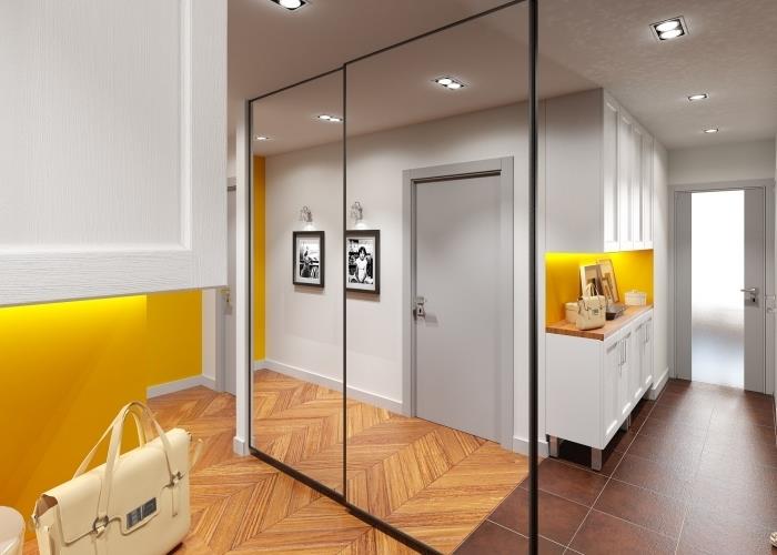 koridor ve girişin modern dekorasyonunda sarıyı hangi renkle ilişkilendirmeli, ayna kapılı modern koridor gardırop