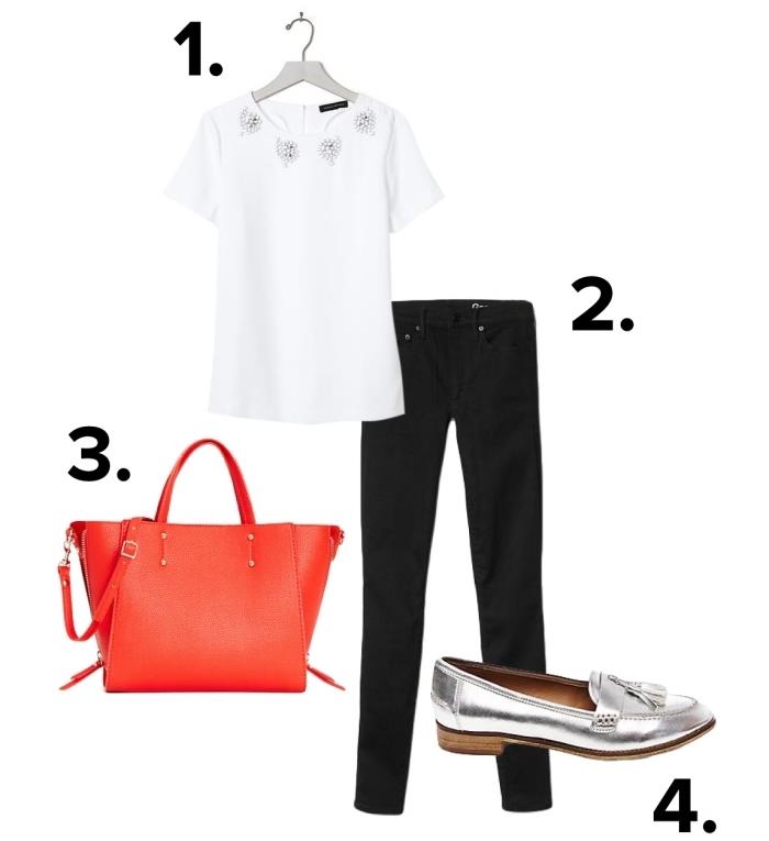 kako se obleči za razgovor za službo v belo bluzo in črne hlače v kombinaciji z rdečo torbico in sivimi črpalkami