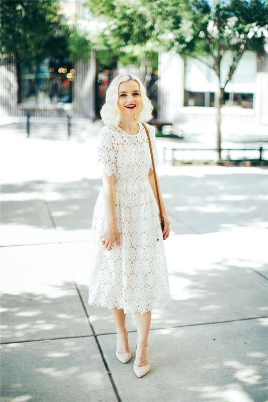 kısa kollu beyaz dantel diz boyu elbise örneği, kadınlar için nasıl iyi giyinileceğine dair fikir