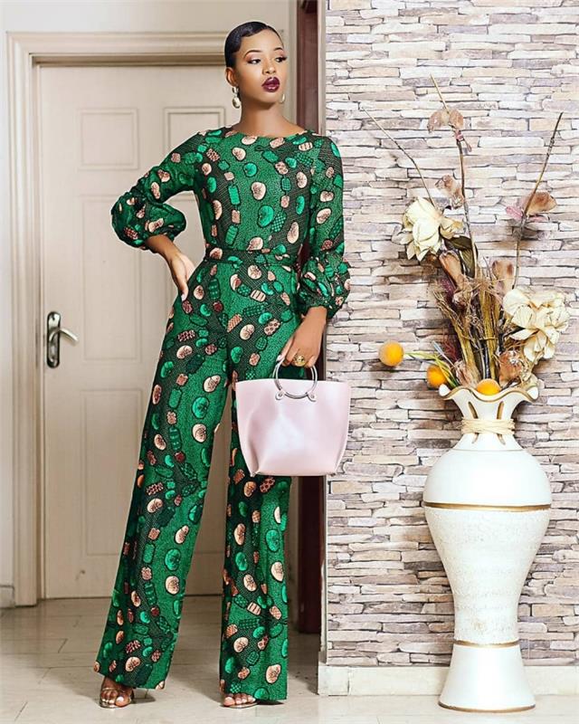 model zelenega kombinezona v afriškem slogu, ženska ideja oblačenja z etničnim vzorcem