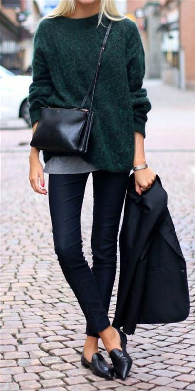 juodos odos-pečių krepšys-ploni-džinsai-megztinis-tamsiai žalia-gerai-suknelė-moteris-tendencijos-2016