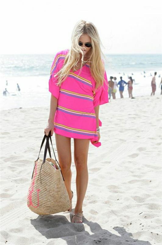 bej-saman-plaj çantası-renkli-plaj-kıyafeti