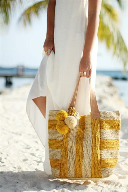 bej-sarı-şerit-plaj çantası-beyaz-plaj elbisesi
