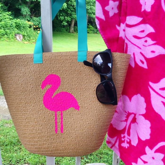 okras flaminga na tkani slamnati torbi za plažo, eksotična plaža in zunanja dekoracija, dodatek za flamingo, tropska dekoracija