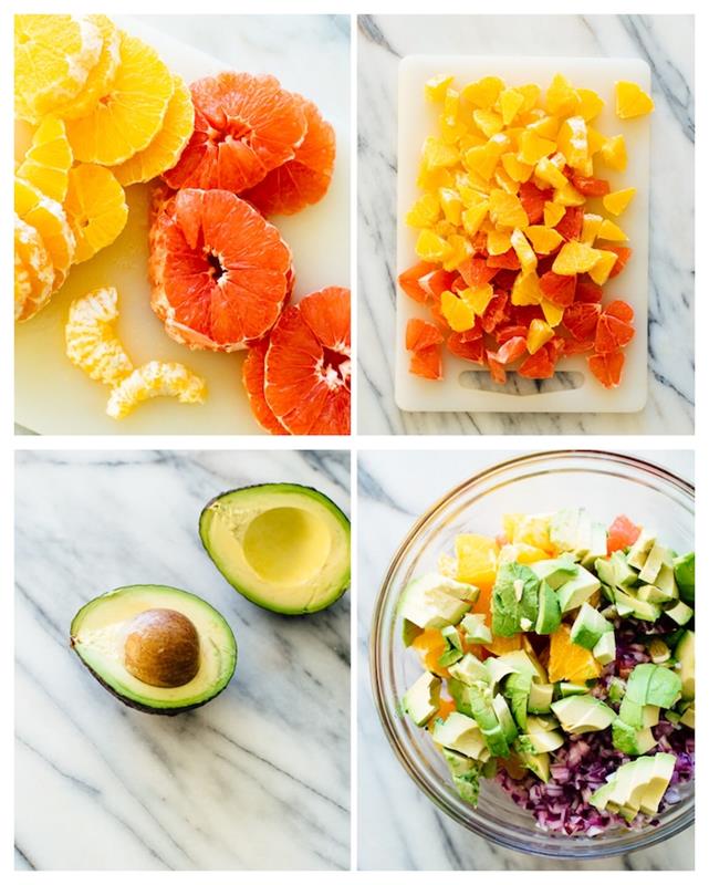 avokado, greipfrutų ir apelsinų salotų idėja su žaliu svogūnu, receptas su avokadu