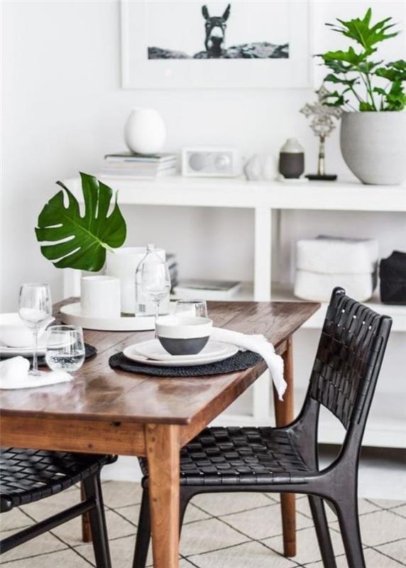 Skandinavske-jedilnice-črno-pleteni stoli-zelene-rastline