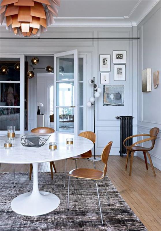Skandinavska jedilnica-bela-miza-miza-obesek-dekoracija-original-preproga