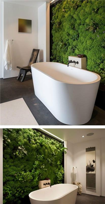 žalia putų siena, balta vonia, paprastas minimalistinio stiliaus vonios kambarys