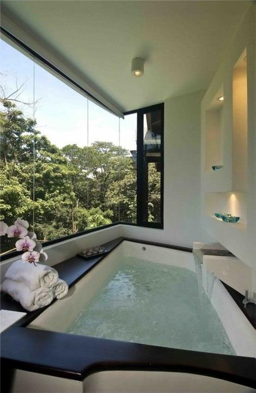 vonios kambarys su vaizdu į vonią-šalia didelio lango-su vaizdu į prabangų dizainerio vonios kambarį
