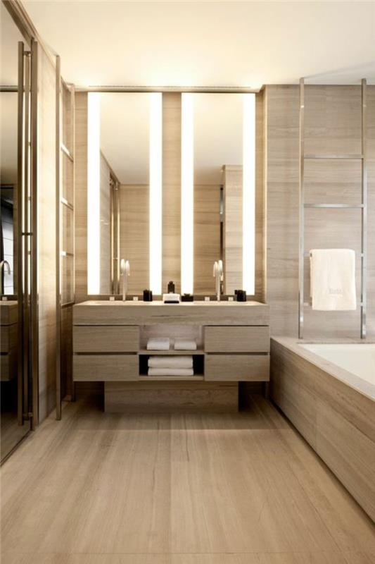 smėlio spalvos vonios kambarys-du stačiakampiai veidrodžiai-modernus-interjeras
