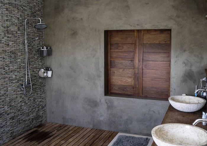 zemin için mumlu beton duvar dekoru Ahşap parke ve mermer lavaboda İtalyan duşu