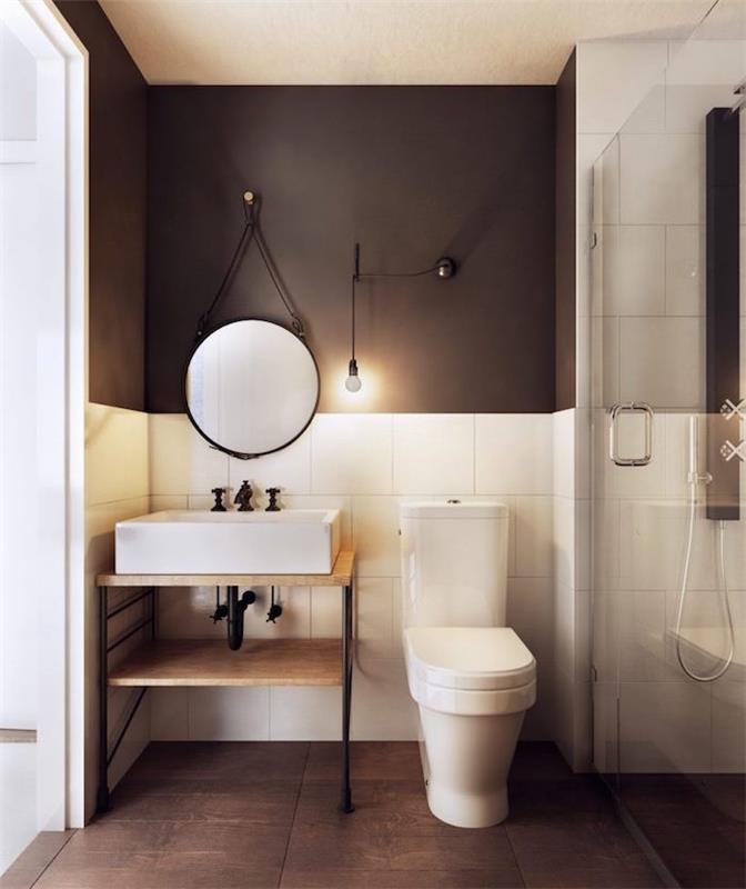oblikujte majhno kopalnico z italijansko prho in straniščem ter kvadratno omaro za umivalnik v skandinavskem slogu in belo rjavo opremo