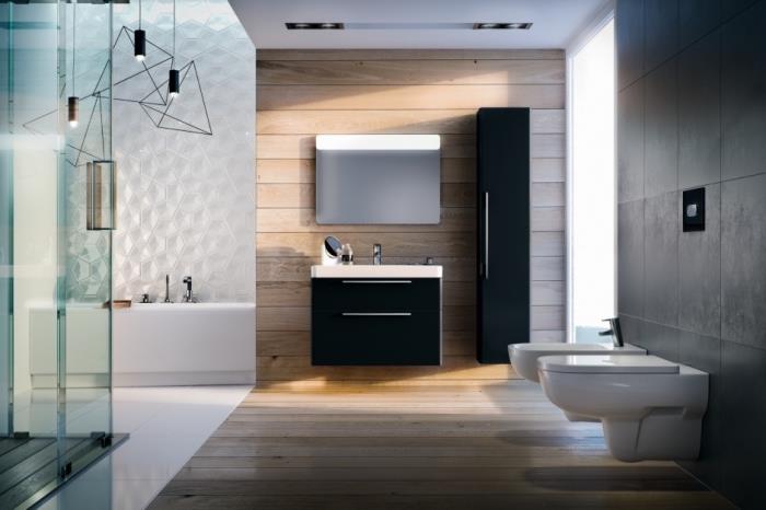 kokias spalvas derinti šiuolaikiškame vonios kambaryje, madingame vonios kambaryje su tamsiomis sienomis ir medinėmis sienomis