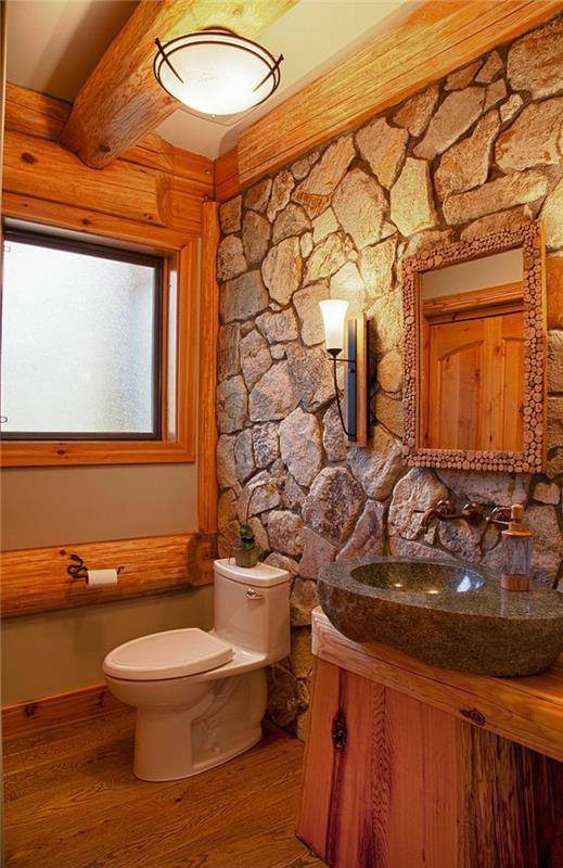 kokonuojantis vonios kambarys, kaimiška apdaila, medinės sijos, akmeninis baseinas, medinis skaitiklis