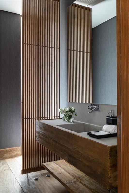 rudos spalvos vonios kambarys-zen-medinis-vonios kambarys-natūralios spalvos-prašmatnus vonios kambarys