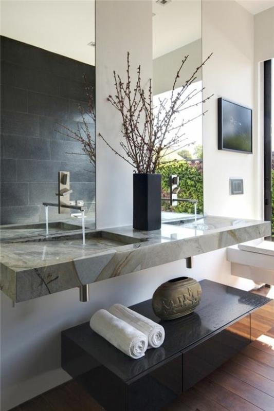 „Zen-deco“ vonios kambarys-parketas-grindys-kriauklė-pilkas-marmuras-veidrodis-stačiakampis veidrodis