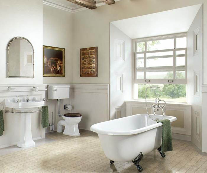 kahverengi desenli beyaz banyo, yarı oval ayna, ayaklı lavabo, karo zemin, pencere nişi