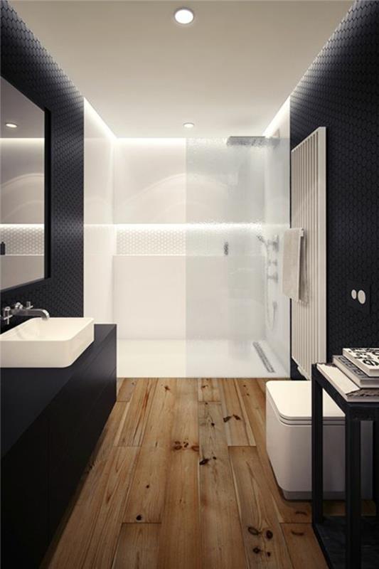 prabangus dizainerio vonios kambarys-grindys-su-grindimis-juodomis sienomis-led-vonios-apšvietimas