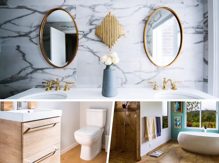 kaip papuošti šiuolaikišką vonios kambarį iš marmuro ir aukso, sienų dangos idėja vonios kambariui iš madingų plytelių
