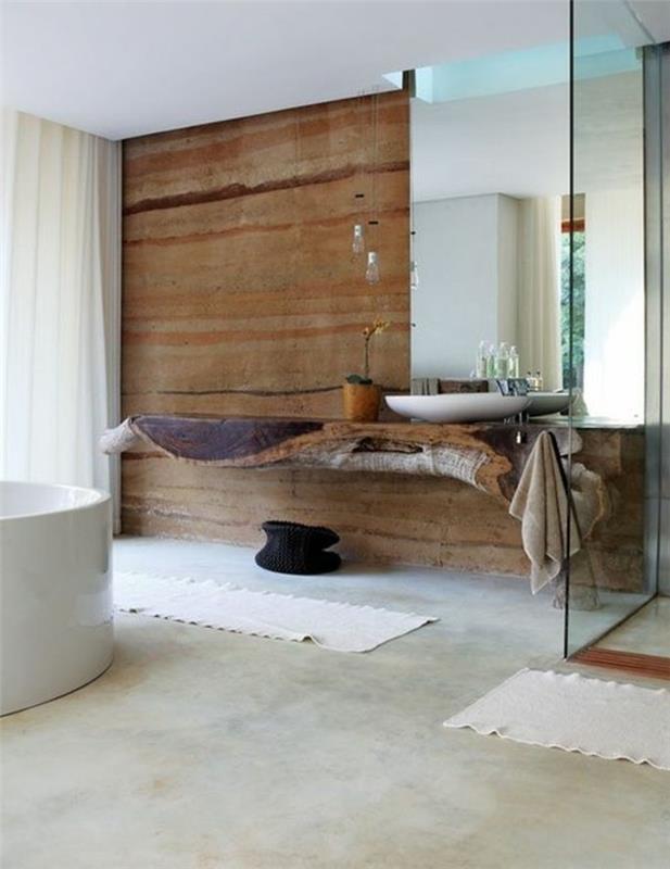 vonios kambarys-žaliavinė-mediena-smėlio-grindys-balta-vonia-vonios kambarys-medis