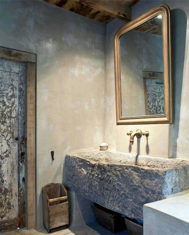 vonios kambarys iš medžio ir travertino akmens pilko akmens kriauklės metaliniai priedai