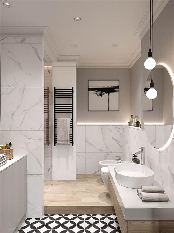 uzun banyo dekorasyonu modern stil karo mermer ayna led yuvarlak asılı lamba