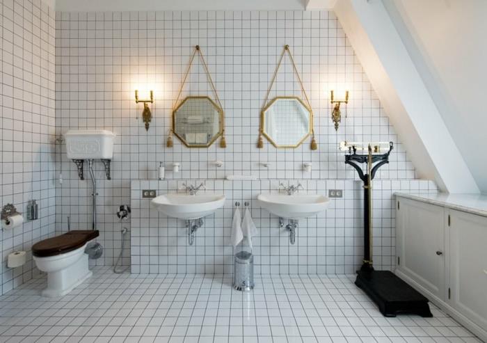 siyah detaylar, sekizgen aynalar, iki asma lavabo, eski siyah banyo tartısı ile küçük beyaz banyo