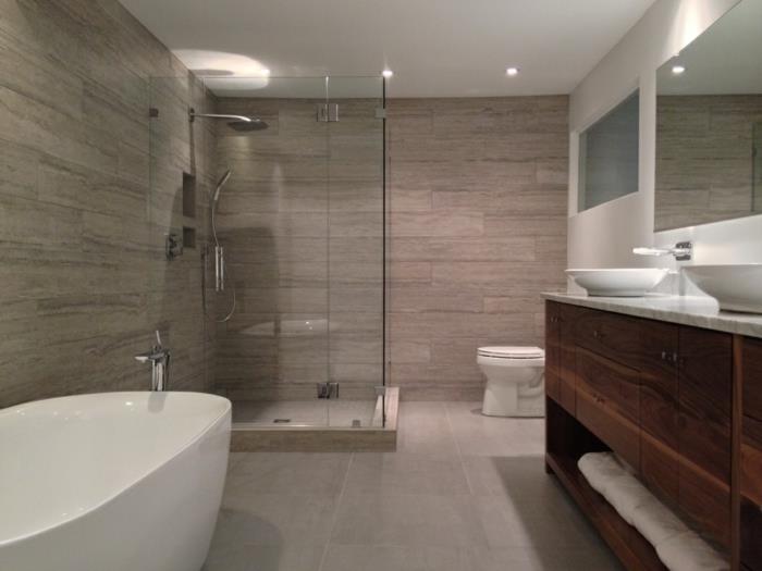 büyük emaye küvet, gri traverten duvar karoları, traverten banyo, taş tezgah