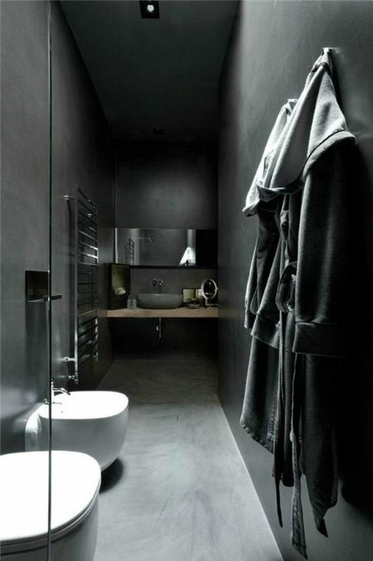 antracito pilkos spalvos vonios kambario dekoro idėjos-vonios kambario grindys ir sienos vaškuotame betone