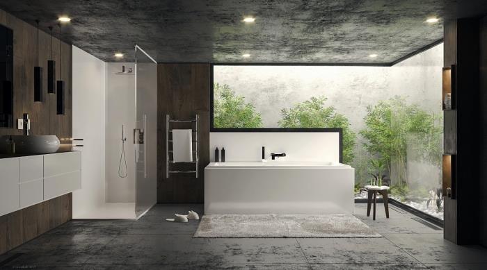 kaip papuošti šiuolaikišką vonios kambarį, vonios lubų dangos idėją antracito pilko betono efekto plytelėmis, medinę vonios spintelę