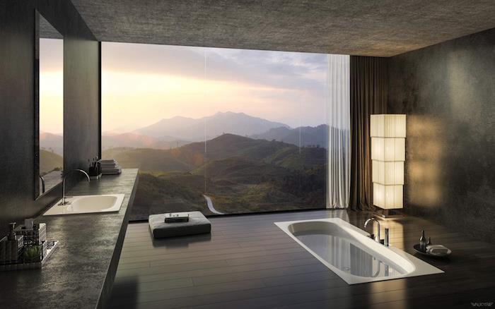 prabangaus svajonių vonios kambario su įlankos langu, iš kurio atsiveria vaizdas į kalnus, pavyzdys