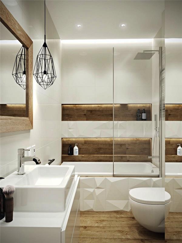 majhne kopalniške ideje v lesu in beli barvi z vgrajeno kadjo-tušem, majhna kopalnica s čistim skandinavskim dizajnom