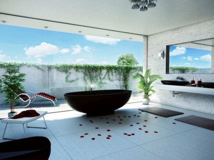 banyo dekorasyonu, siyah tezgah üstü lavabo, banyo paspası, küçük beyaz deri tezgah ve metal ayaklar, siyah küvet
