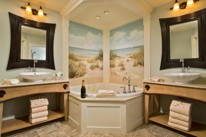 natūralus vonios kambarys, du originalūs veidrodžiai, peizažai ir nedidelė kampinė vonia